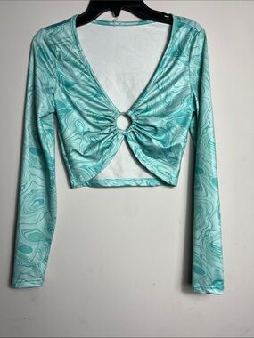 SHEIN Teal Swirl Ring Front Cutout Crop Top XS Y2K Long Sleeve